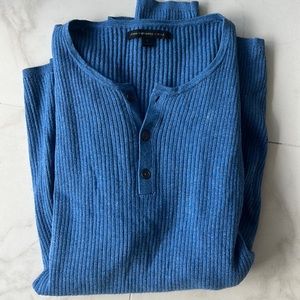 JOHN VARVATOS BLUE COTTON/CAMEL HAIR RIBBED HENLEY SWEATER SHIRT SZ L